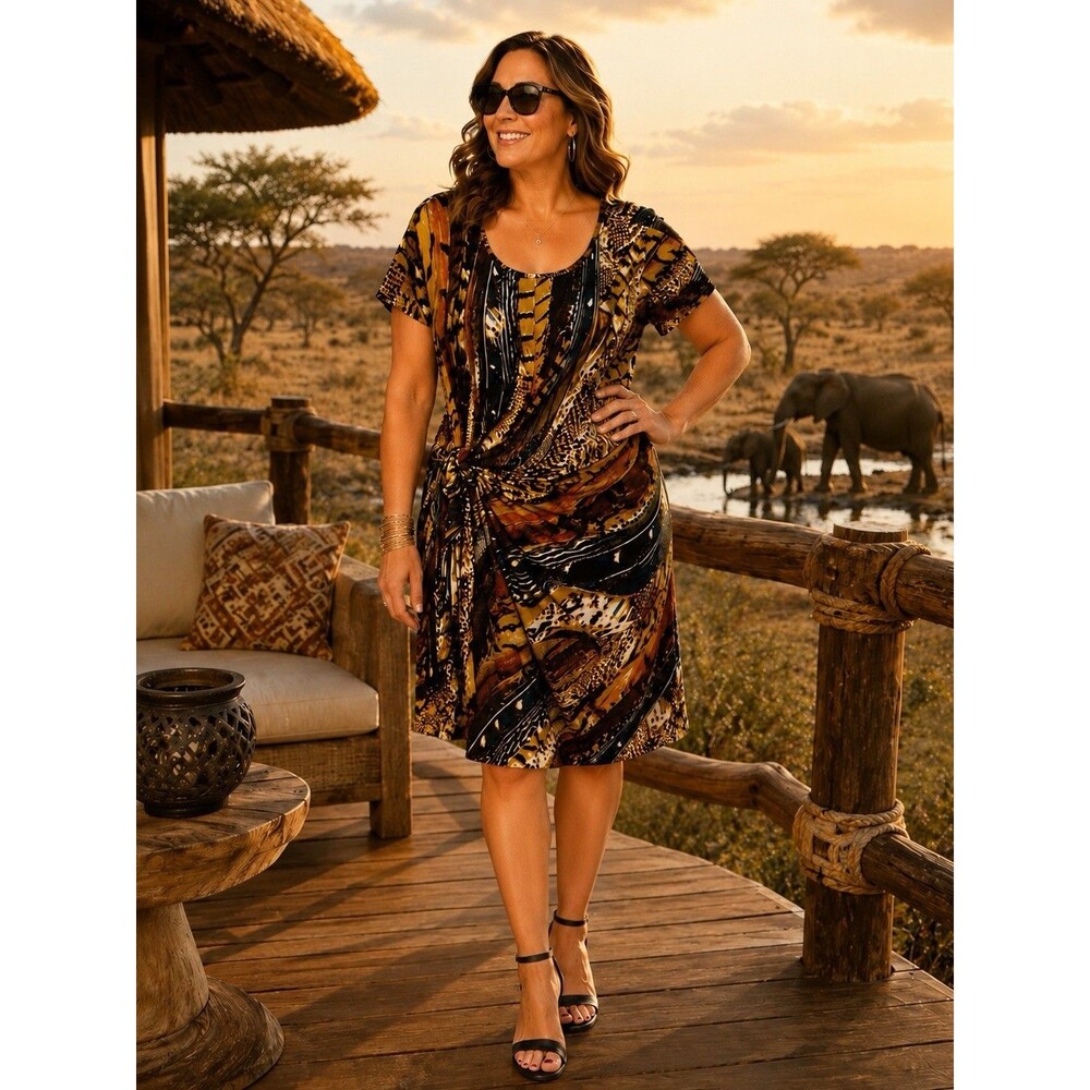 DressBarn Womens 24 Animal Print Knot Front Midi Dress Plus Size Brown Black